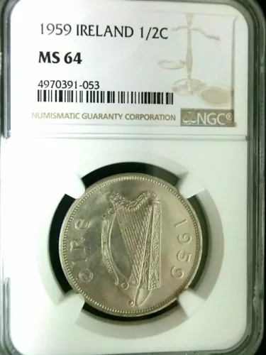 IRELAND , ( 1/2 ) HALF CROWN 1959  - NGC MS 64 (SL) , RARE