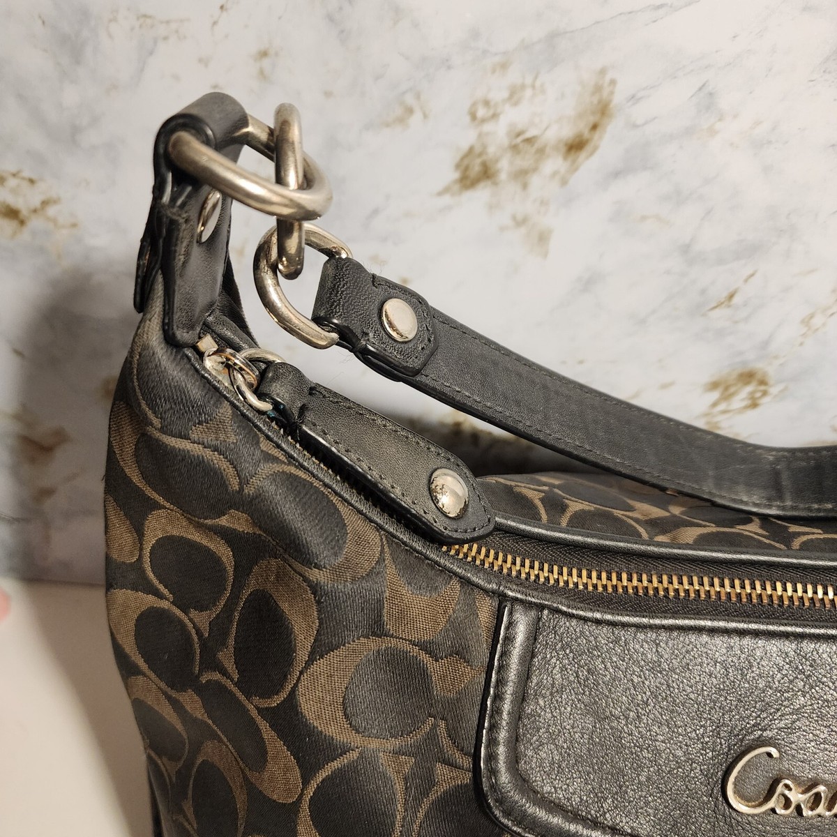 Coach Brown Black Jaquard & Leather Signature C Pleated Coach Brown Black Jaquard & Leather Signature C Pleated