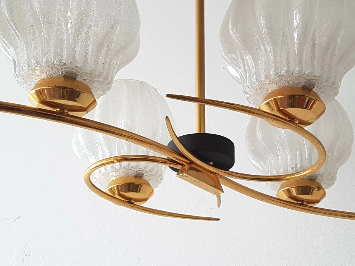 Superb Ceiling Chandelier Vintage 1950 Metal Brass Glass Frost 50S Rockabilly