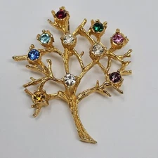 TREE of LIFE Multi-Colored Rhinestone PENDANT Vintage Gold Tone