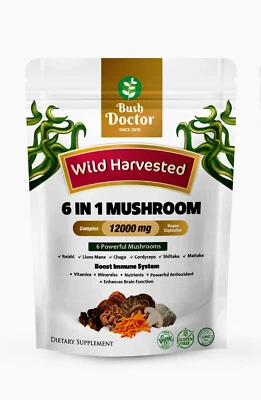 BUSH DOCTOR Mushroom Complex Lions Mane, Reishi ,Shitake, Chaga, Cordyceps Maitake 12,000mg