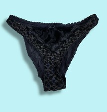 Vtg Victoria's Secret Small Velvet Dark Blue Embroidered Bikini Panty Shiny Mesh