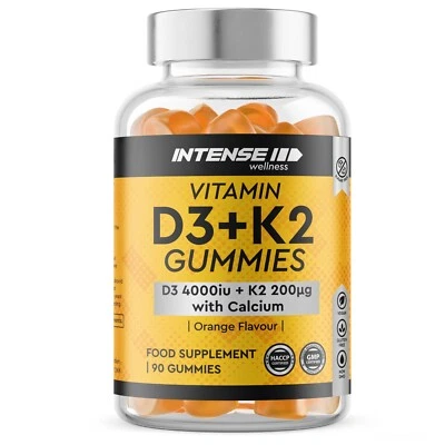 INTENSE Wellness Vitamin D3 4000 IU + K2 200 mcg + Calcium, 90 Orange Gummies UK