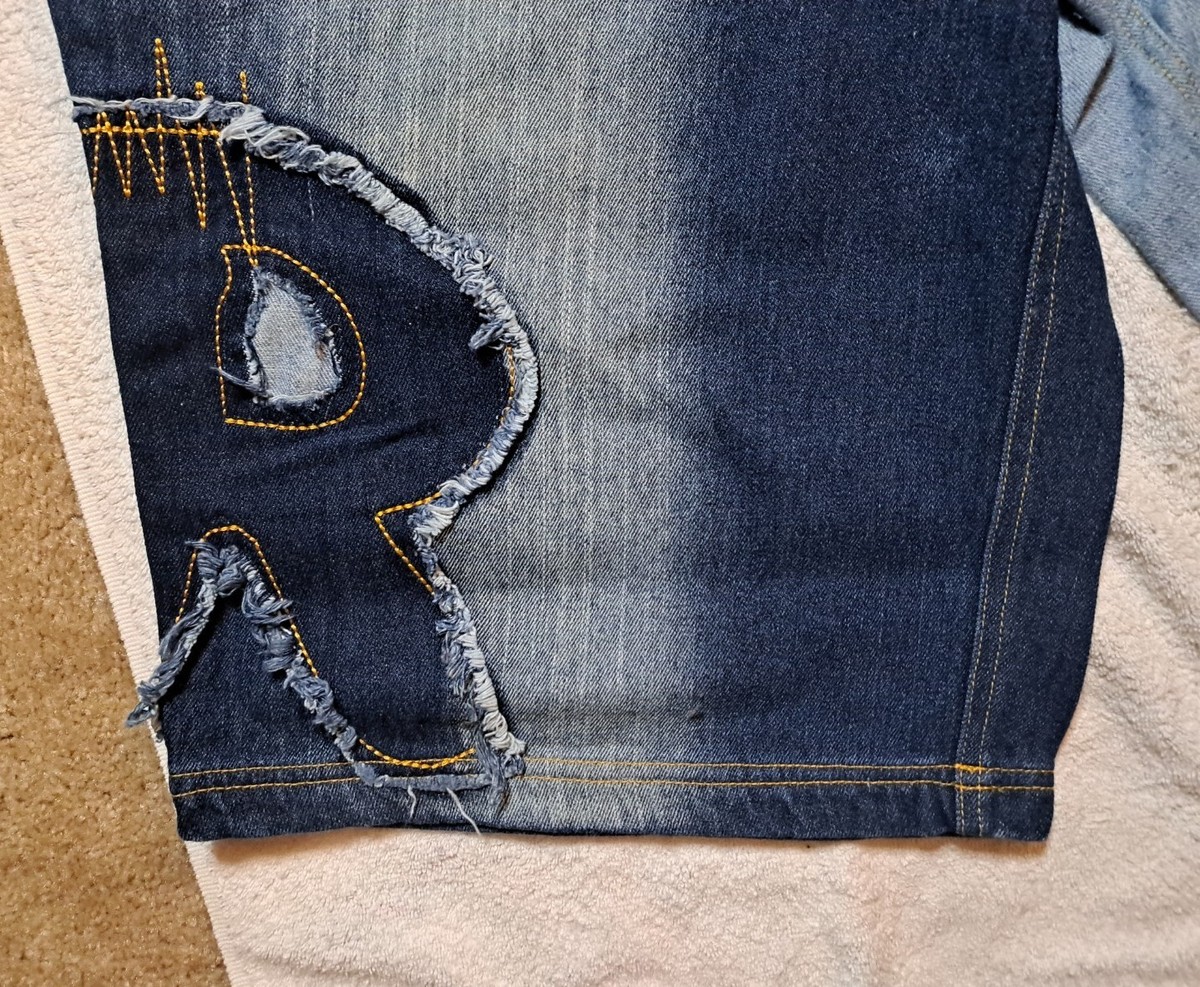 Vintage Raw Blue Nu Realms Jean Shorts Paint Patched Baggy