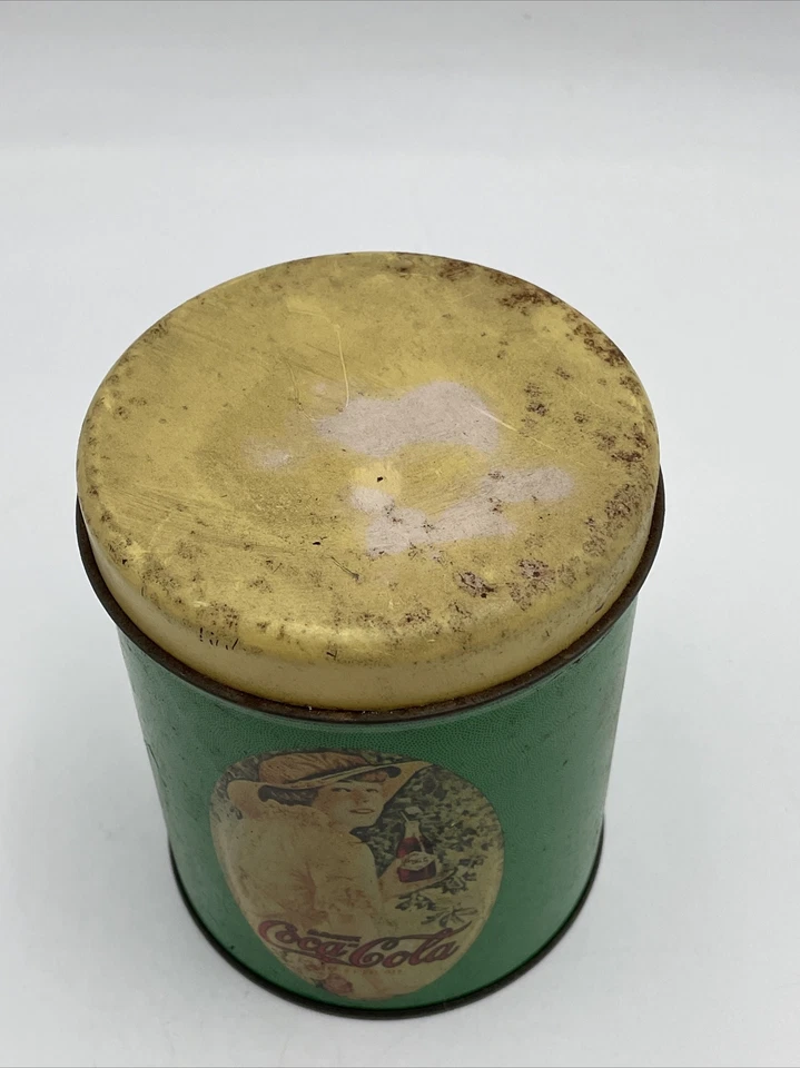 Vintage Coca Cola Round Tin Container Green Can Yellow Lid Victorian Lady Coke - Image 3 of 4