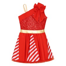 Girl Sparkle Christmas Sequins Striped Tutu Dance Dress Figure Ice Skating Skirt