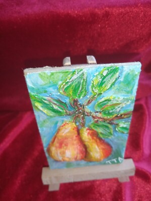 ACEO Card, original relief art painting. Ripe pears, hand painted.