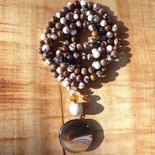 34" Handmade Hand Knotted Wild Horse Gemstone Necklace, Botswana Agate Pendant