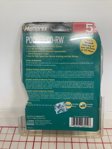 MEMOREX Pocket CD-RW 1 Pack Of 5 210 Mb 24 Min Missing 1 B28 - Picture 2 of 3