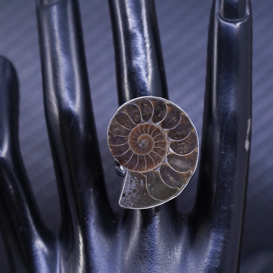 tamanho 5.5, anel de amonita de prata esterlina 925 | Joia mexicana, concha fóssil - Imagem 2 de 4