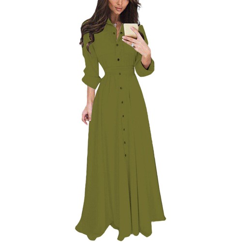 Maxi Vestido Camisa Mujer Solapa Abotonada Damas Manga Larga Bolsillo Sólido Vestido - Imagen 34 de 35