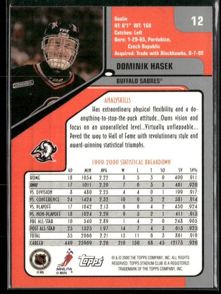 2000-01 Stadium Club #12 Dominik Hasek Buffalo Sabres HOF - Image 2 of 2