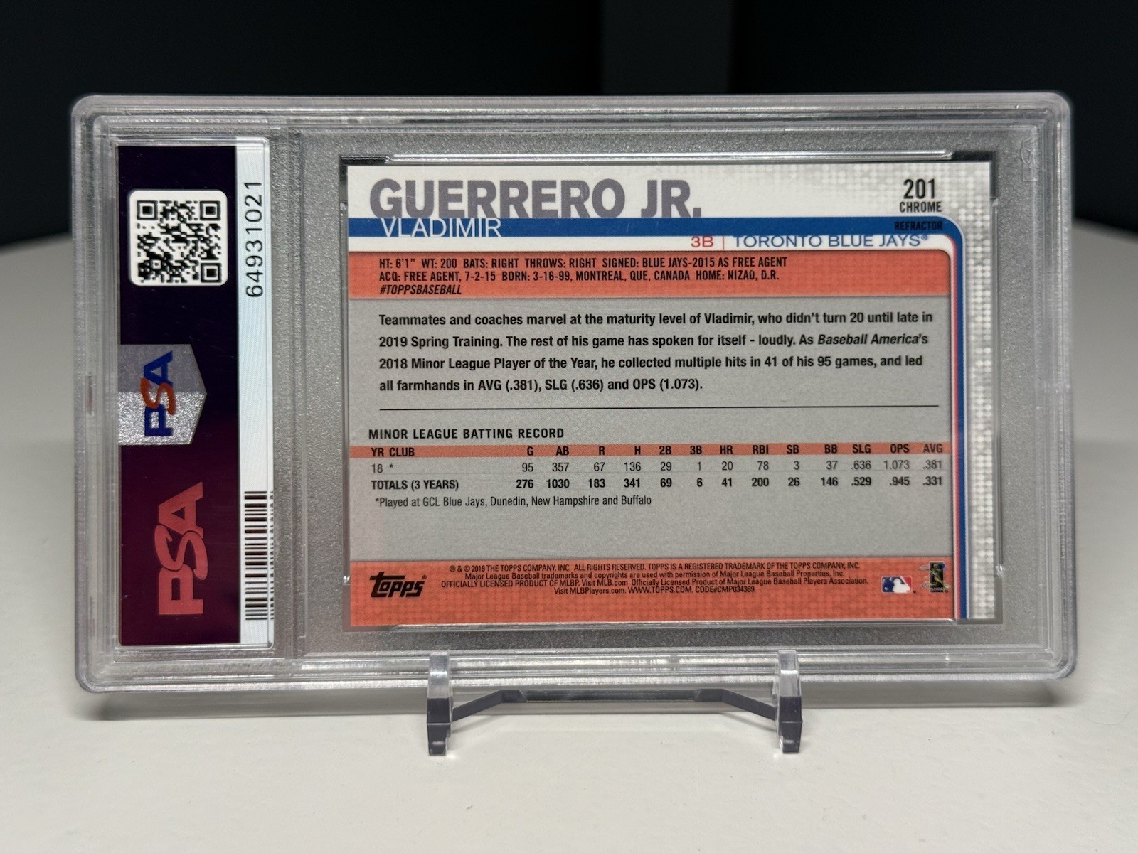 🔥2019 Topps Chrome Refractor #201 Vladimir Guerrero Jr RC Rookie PSA 10🔥 view 2