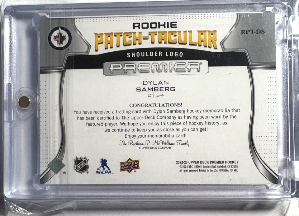 DYLAN SAMBERG 2022/23 UPPER DECK PREMIER ROOKIE SHOULDER LOGO PATCH #2/5 JETS!! - Image 2 of 2