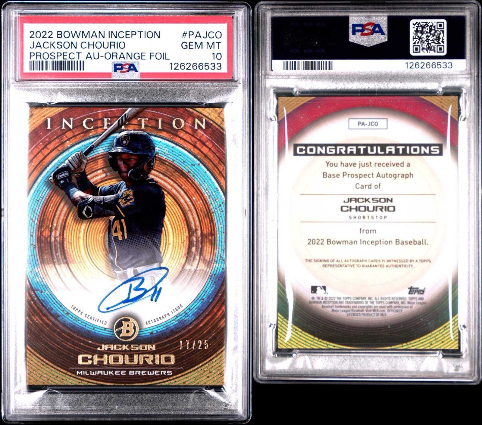 2022 Bowman Inception JACKSON CHOURIO Auto Orange Foil RC SP /25 PSA 10 POP 6 view 3