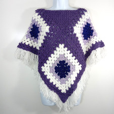 VTG Handmade Crochet Granny Square Poncho Boho Hippie Festival Fringe Shawl M/L