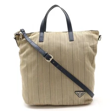PRADA Tote Bag Handbag 2WAY Shoulder Bag Stripe Canvas Leather Beige   Purchase