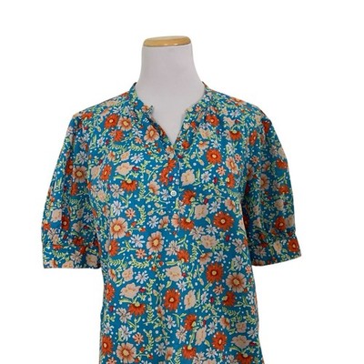 Loft Outlet Floral Puff Sleeve Top Womens M V Neck Button Popover Cotton SS