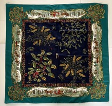 Vintage 30  Christmas Scarf Pine Holly Mistletoe Holiday Foliage Navy Blue Green