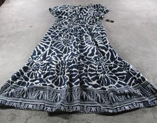 MSK Dress Womens 1X Blue White Short Sleeve V-Neck Elastic Waist Border Hem