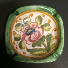 Glazed Flower Square Ashtray 5.5"x5.5"x2" Handmade/Painted Green Pink