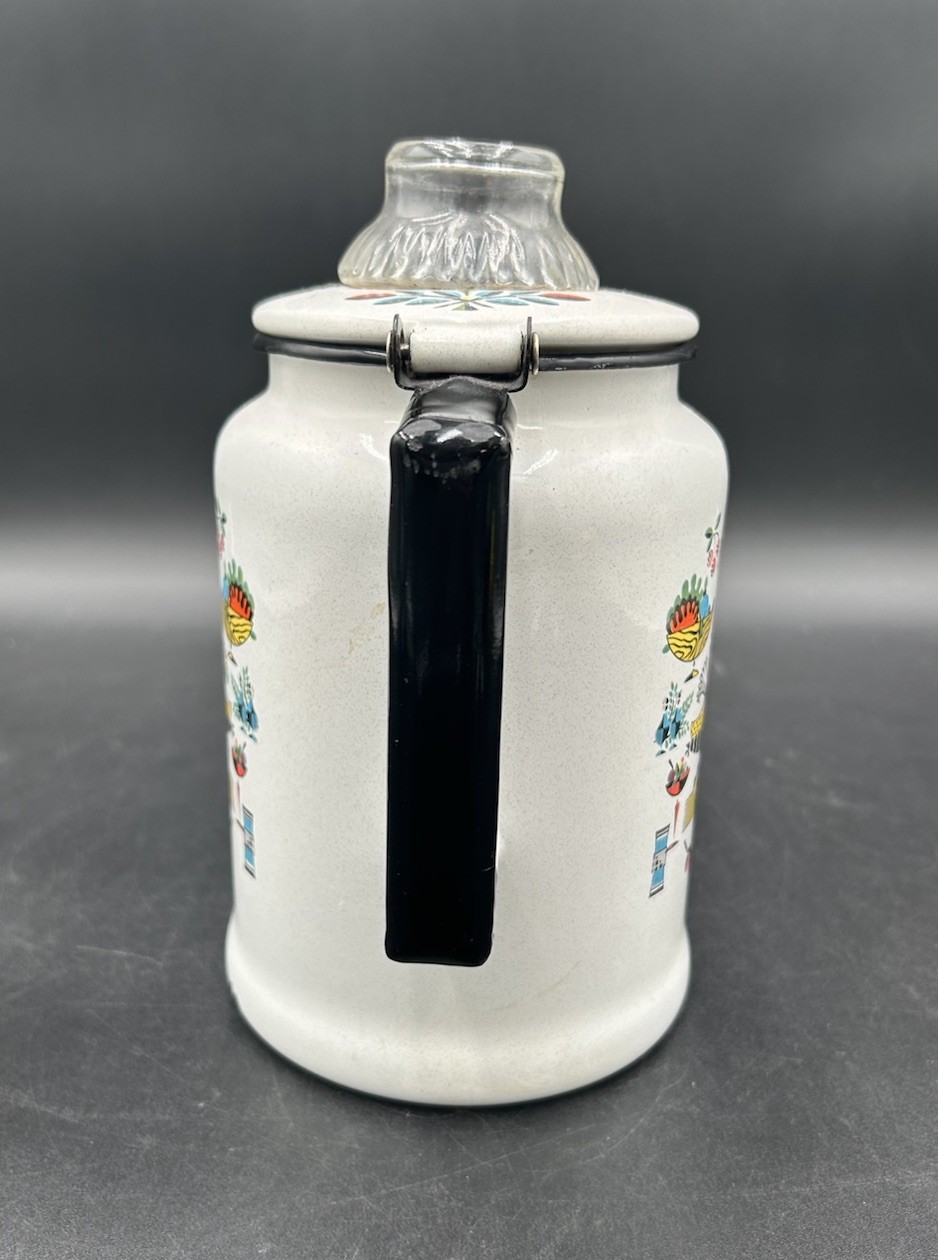 Vintage Georges Briard Style MCM Enamelware Turkey Fixings Percolator Coffee Pot