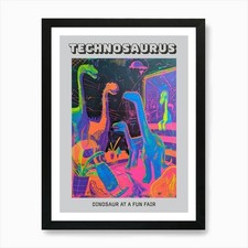 Abstract Neon Dinosaur At A Fun Fai Framed Wall Art Poster Canvas Print Picture