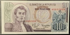 1980 COLOMBIA PAPER MONEY -  10 PESOS ORO UNCIRCULATED BANKNOTE!