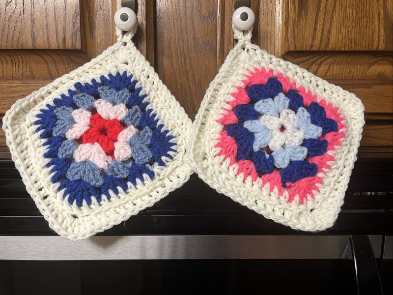 Pair of Vintage Like Hand Crocheted Cotton Pot Holders (Granny Style)