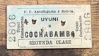 Railway ticket: BOLIVIA RAILWAY COMPANY - Cochabamba To Uyuni 1938