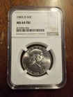 Frosty White 1963-D Franklin Silver Half Dollar 50C MS 64 FBL Full Bell Lines