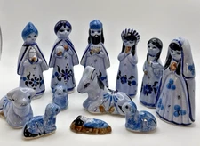 Mexican Tonala Folk Art Nativity Set 12 Handmade Pottery Christmas Blue READ