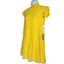 NWT Eliza J Yellow Flutter Sleeve Mock Neck Tiered Mini Dress Size 6, $128