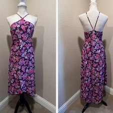 Vintage Express | y2k Purple Pink Floral Cross Neck Halter High Low Midi Dress 2