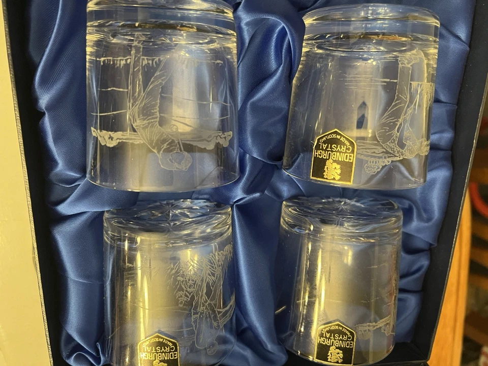 Vintage Edinburgh Crystal Clear Cut Glass Whiskey Glasses Golfers Golf 4 In Box - image 3 of 4