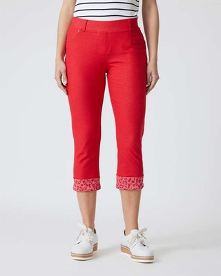 Hose rot 32 34 Damen 6/8-Hose in Jeans-Optik bedruckter Umschlagsaum 9.8414