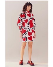 19 RARE Farm Rio Wild Hearts Wool Blend Sweater Dress S Puff Sleeves