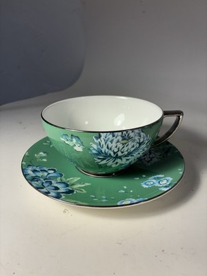 WEDGWOOD Jasper Conran Chinoiserie Green Tea Cup & Saucer Bone China Blue Silver