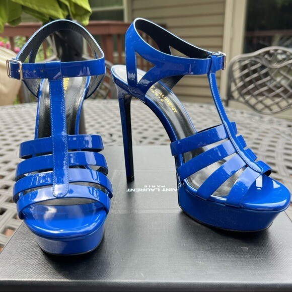 Sandali Saint Laurent blu elettrico plateau cinturino a T tacco misura 6