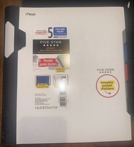 Five Star Advance Spiral Notebook 5-Subject College Ruled 200 Sheets Dividers