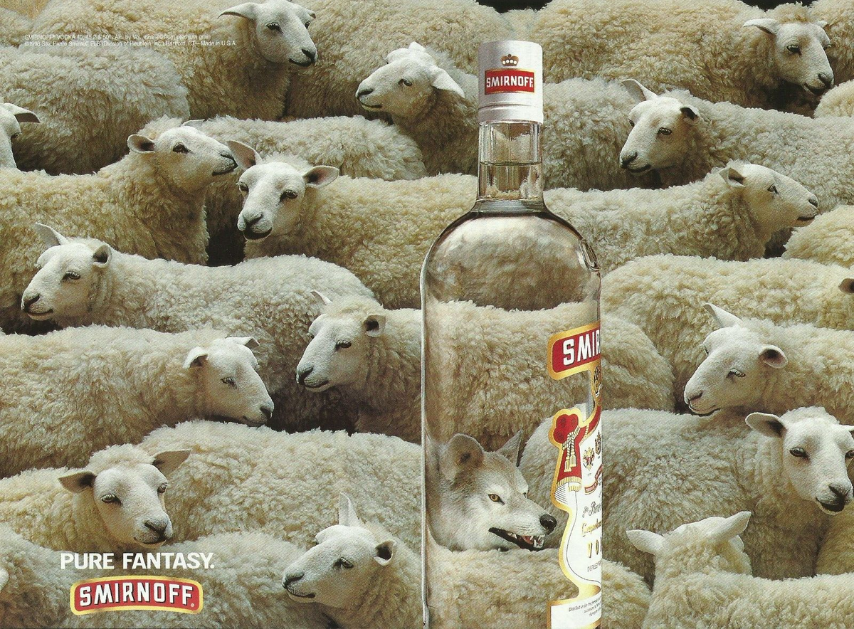 1996 Smirnoff Vodka Pure Fantasy Sheep Wolf vintage print ad 90's