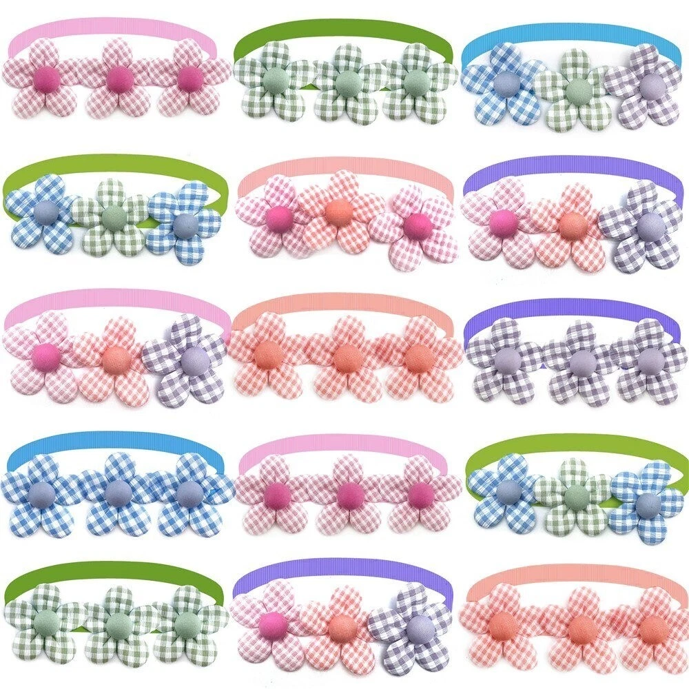 50Pcs Checked Mini Flower Dog Bowties Necktie Collar Pet Grooming Accessories