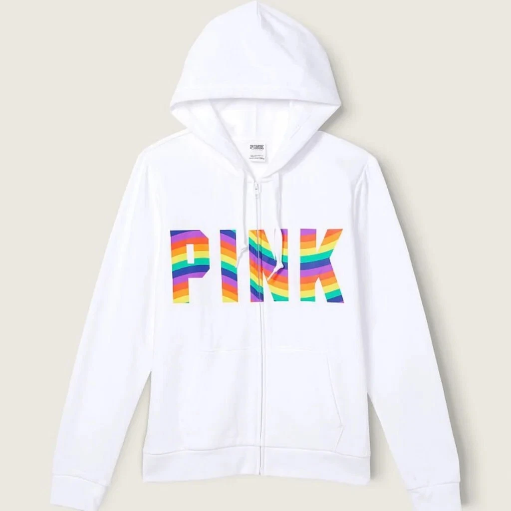 UNDERCOVER FELPA CON CAPPUCCIO VICTORIA'S SECRET ROSA PER TUTTI I GIORNI IN PILE LOGO ARCOBALENO GRANDE NUOVA CON ETICHETTE