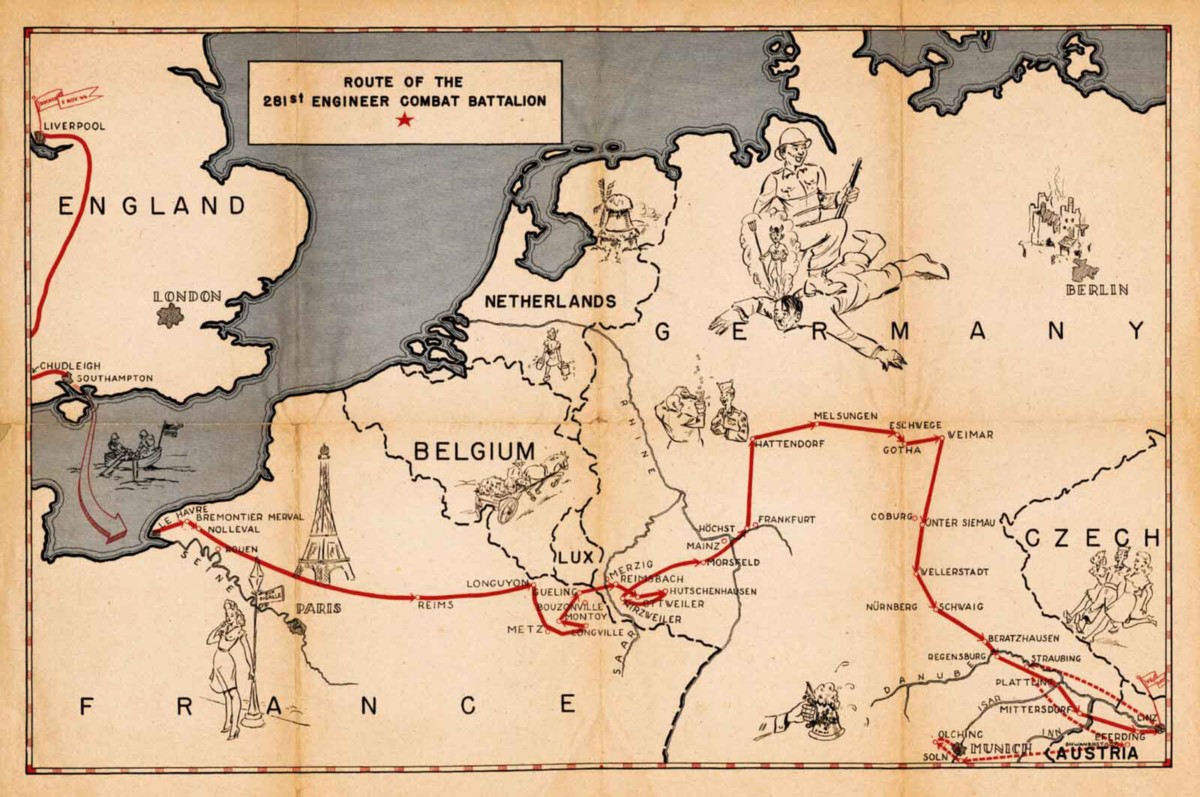 1945 WWII 281st. Engineer Combat Battalion Military Map Army