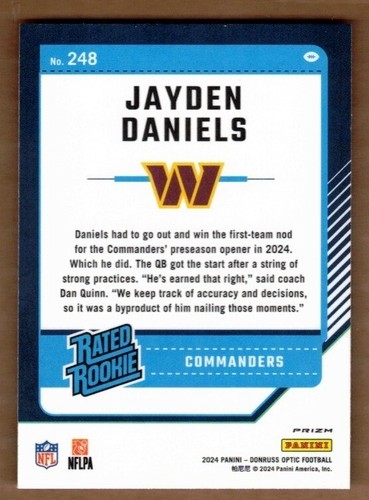 Ammortizzatore Donruss Optic Viola 2024 #248 Jayden Daniels RR - Foto 2 di 2