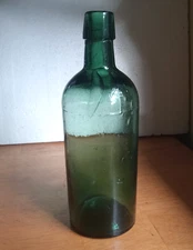 1860s PRETTY TEAL GREEN 3 PC MOLD BLOWN CYLINDER INK BOTTLE WITH APPLIED LIP