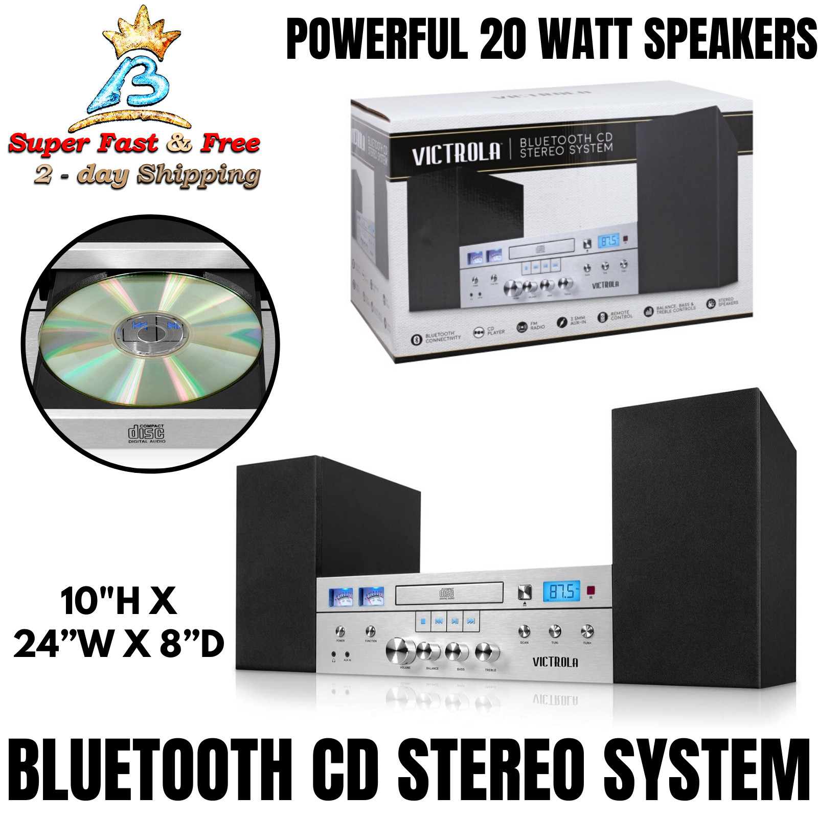 Bluetooth CD Player Shelf Stereo System FM Radio Tuner 20 Watt Speaker Vintage