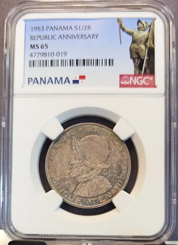 1953 PANAMA SILVER 1/2 BALBOAS REPUBLIC ANNIVERSARY NGC MS 65 BEAUTIFUL TONING