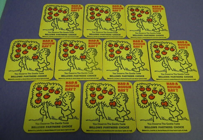 VINTAGE BELLOWS WHISKEY LOUISVILLE KENTUCKY HAD ROUGH DAY APPLES WORM COASTERS