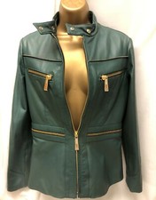 Auth Just Cavalli Dark Green 100% Leather Full Zip Bomber Jacket S *new*